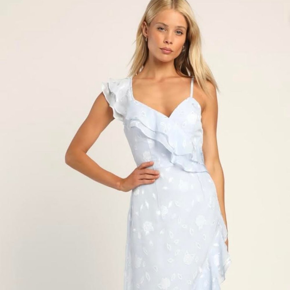 Lulus Forever Be Light Blue Floral Jacquard Ruffled Maxi Dress, Size S